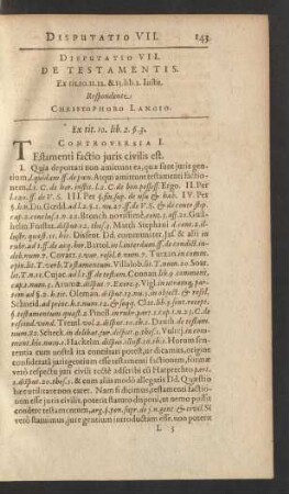 Disputatio VII. De Testamentis ... Respondente Christophoro Langio