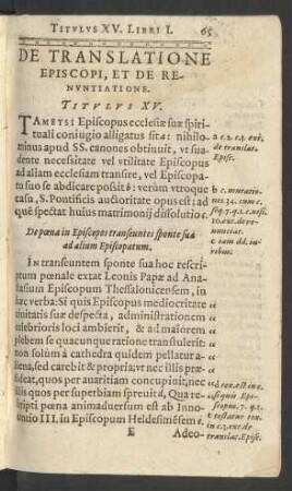 De Translatione Episcopi, Et De Renuntiatione. Titulus XV.