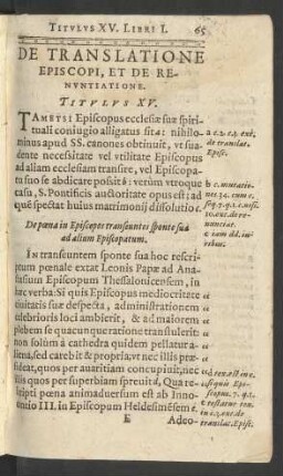 De Translatione Episcopi, Et De Renuntiatione. Titulus XV.