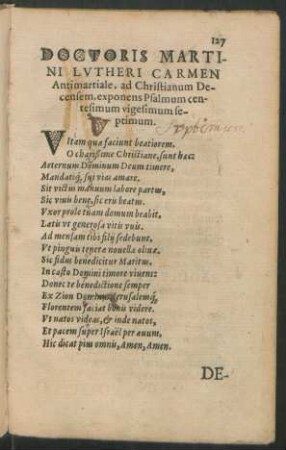 Doctoris Martini Lutheri Carmen Antimartiale, ad Christianum Decensem ...