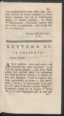 Lettera XI. Il Celibato