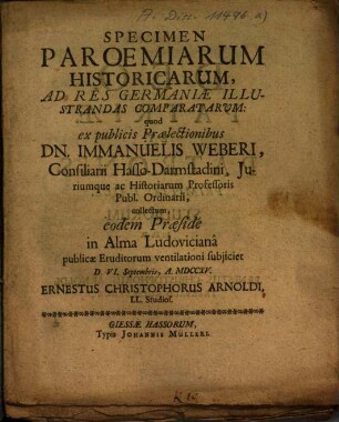 Specimen Paroemiarum Historicarum, Ad Res Germaniae Illustrandas Comparatarum
