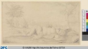 Schlafender nackter Knabe in einer Landschaft, nach links