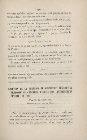 Solution de la question de géométrie descriptive proposée au concours d'agrégation (enseignement spécial) en 1891.