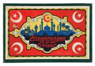 Originale Aufbewahrungsschachtel zu Alwin Reichel, Bau der Bagdadbahn, 1916/17, mit grünem Einband aus Kunstleder sowie aufgeklebter grafischer Darstellung mit großer Moschee sowie dem türkischen Mondsternsymbol (Ayyıldız), Betitelung aus der Zeit, enthielt 90 Positive