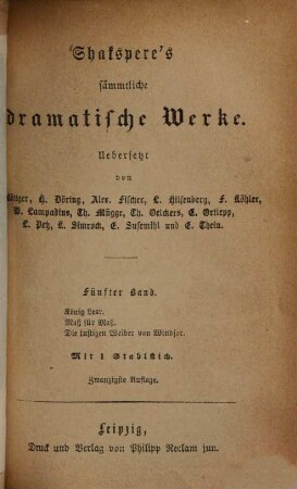 Shakspere's sämmtliche dramatische Werke : Uebersetzt von A. Böttger, H. Döring, Alex. Fischer ..., 5