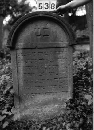 Grabstein 538 (Index: 99802740) Material: Sandstein Zustand: unten völlig verwittert Maße HxBxT: 102x56x13 cm Beschreibung: Stele mit verdachtem Rundbogen, profiliertem Rand, Giebelfeld Besonderheit: Endreim: Grabstein 538