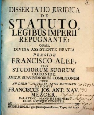 Dissertatio Juridica De Statuto, Legibus Imperii Repugnante
