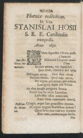 Phoenix redivivus. In Vita Stanislai Hosii S. R. E. Cardinalis reimpressa. Anno 1690.