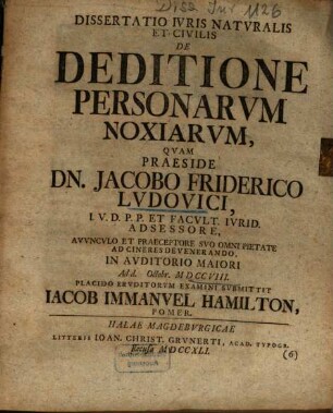Dissertatio Ivris Natvralis Et Civilis De Deditione Personarvm Noxiarvm