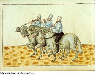 Contrafactur des Ringrennens unter Kurfürst August zur Fastnacht am 23.02.1574 im kurfürstlichen Schlosse zu Dresden. Blatt 31. Drei Schalmeienbläser auf Ziegenböcken. Dresden: SLUB Mscr.Dresd.K.2