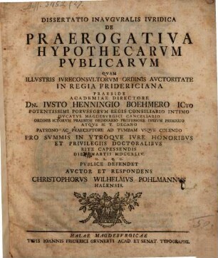 Dissertatio inauguralis iuridica de praerogativa hypothecarum publicarum