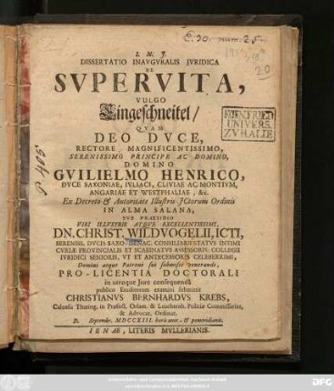 Dissertatio Inavgvralis Jvridica De Svpervita, Vulgo Eingeschneitel