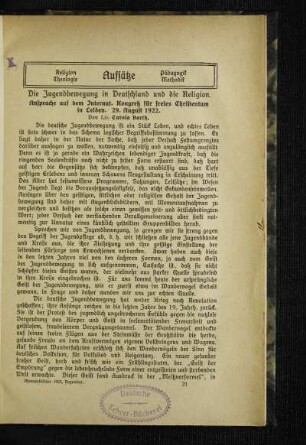 ¬Die¬ Jugendbewegung in Deutschland und die Religion : Ansprache auf dem Intern. Kongreß für freies Christentum in Leiden ; 29. August 1922