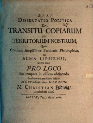 Dissertatio Politica De Transitu Copiarum per Territorium Nostrum