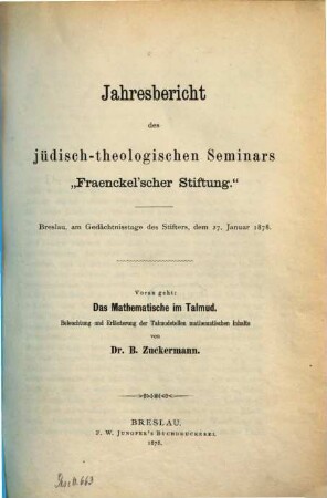 Jahresbericht des Jüdisch-Theologischen Seminars Fraenckel'scher Stiftung, 1878
