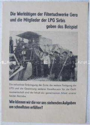Propagandaschrift des FDGB-Bezirksvorstandes Gera zur Zusammenarbeit zwischen einem VEB und einer LPG