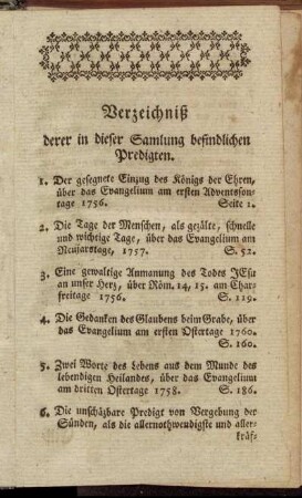 Verzeichniß derer in dieser Samlung befindlichen Predigten.