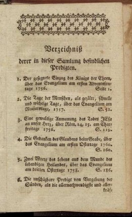 Verzeichniß derer in dieser Samlung befindlichen Predigten.