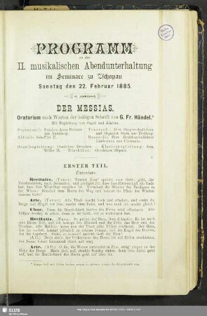Programm zu der II. musikalischen Abendunterhaltung im Seminare zu Zschopau Sonntag den 22. Februar 1885