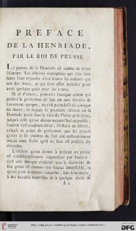 Preface de la Henriade, par le roi de Prusse