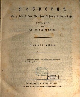 Hesperus : encyclopädische Zeitschrift für gebildete Leser. 1826