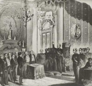 Berlin, Friedrich Wilhelm IV. leistet den Eid auf die Verfassung vom 31. Januar im Rittersaal des Schlosses am 06. Februar 1850