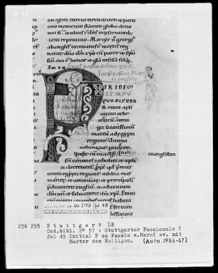 Stuttgarter Passionale — Pars hiemalis (erster Band) — Initiale P (er idem), darin Marter des Evangelisten Markus, Folio 45recto