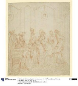 elegante Interieurszene mit drei Paaren (Entwurf für eine Illustration?)