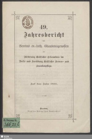 49.1890: Jahresbericht des Vereins Ev.-Luth. Glaubensgenossen zur Förderung Christlicher Erkenntnis im Volke und Ausübung Christlicher Armen- und Krankenpflege