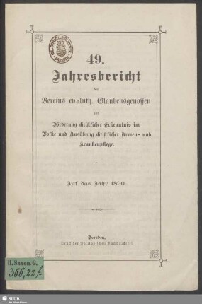 49.1890: Jahresbericht des Vereins Ev.-Luth. Glaubensgenossen zur Förderung Christlicher Erkenntnis im Volke und Ausübung Christlicher Armen- und Krankenpflege