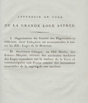 Appendice Au Code De La Grande Loge Astree.