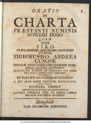 Oratio De Charta Præstanti Numinis Svpremi Dono