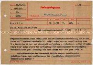 Seefunktelegramm an die MS "Völkerfreundschaft" mit Glückwunsch zur Wettbewerbsauszeichnung