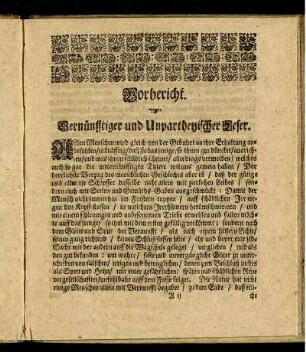 Vorbericht. Vernünfftiger und Unpartheyischer Leser.
