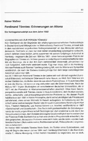 Ferdinand Tönnies: Erinnerungen an Altona : Ein Vortragsmanuskript aus dem Jahre 1932