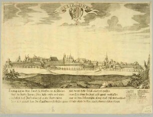 Stadtansicht von Leipzig von Südosten mit der Stadtbefestigung mit Wappen, beschreibendem Text und Legende