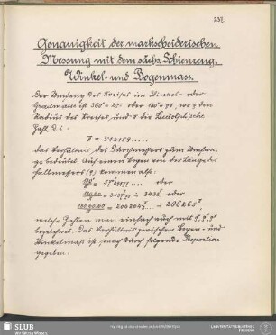 Genauigkeit der markscheiderischen Messung mit dem sächs. Schienzeug. Winkel- und Bogenmass