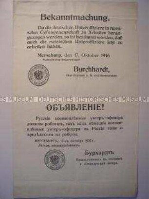 Bekanntmachung des Chefs des Kriegsgefangenenlagers Merseburg über die Heranziehung von russischen Unteroffizieren zur Arbeit (in deutsch und russisch)