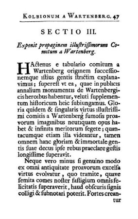 Sectio III. Exponit propaginem illustrissimorum Comitum a Wartenberg.