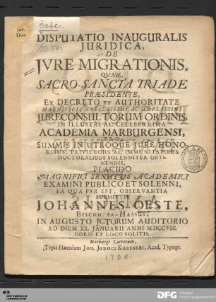 Disputatio Inauguralis Juridica, De Jvre Migrationis