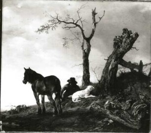 Landschaft mit Staffage : Wouwerman, Philips: Landschaft mit Staffage. Öl auf Holz; 32,3 x 36,2 cm. 1646. Leipzig: Museum der bildenden Künste 825