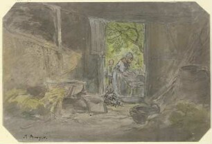 Bauernsscheune, vor der geöffneten Tür am Waschtrog eine Frau beschäftigt