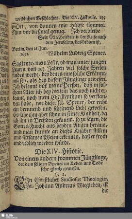 Die XIV. Historie. Von einem andern frommen Jüngling, der dem seligen Spener im Leben und Tode sehr gleich gewesen