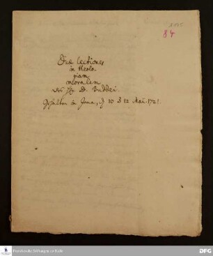 Zwei Vorlesungen zur Moraltheologie von Johann Franz Buddeus.