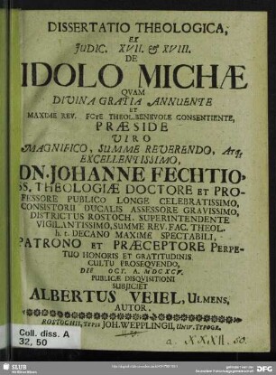 Dissertatio Theologica, Ex Judic. XVII. & XVIII. De Idolo Michae