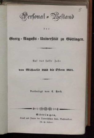 WS 1853/54: Personal-Bestand der Georg-Augusts-Universität zu Göttingen