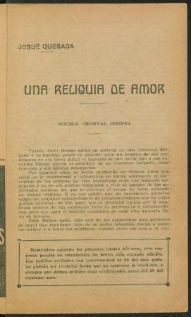 Una reliquia de amor : novela original inédita
