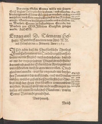 Extract auß D. Tilemanni Heshusii/ Sendtbrieff an einen vom Adel ... den 14. Februarii/ Anno 1585.