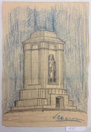 [Bismarckdenkmal mit stehender Figur in einer Nische Rückseite: geometrische Studien]